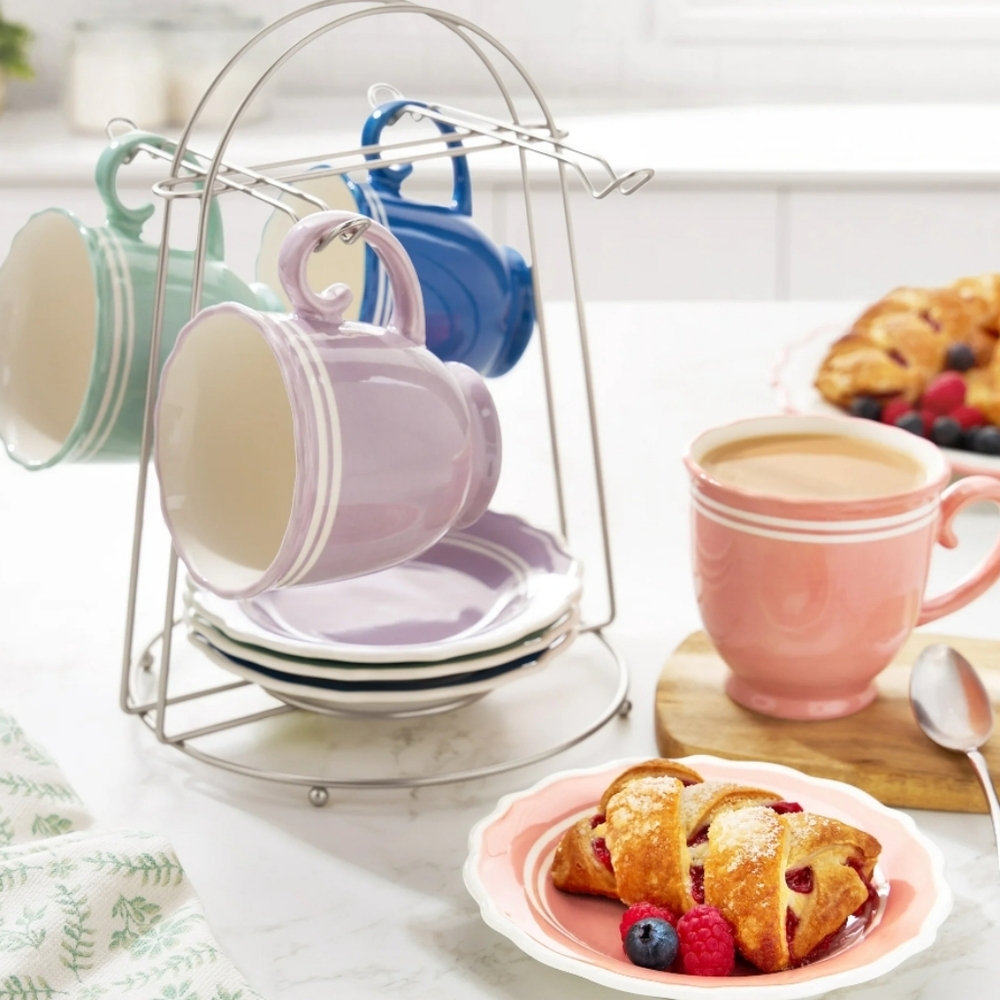 💕 2025 The Pioneer Woman Ainsley 9 Piece Appetizer Plates & Mug Set with Rack